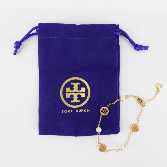 Tory Burch Crystal Logo & Imitation Pearl Station Bracelet Ivory/Tory Gold OS - Picture 3 of 16